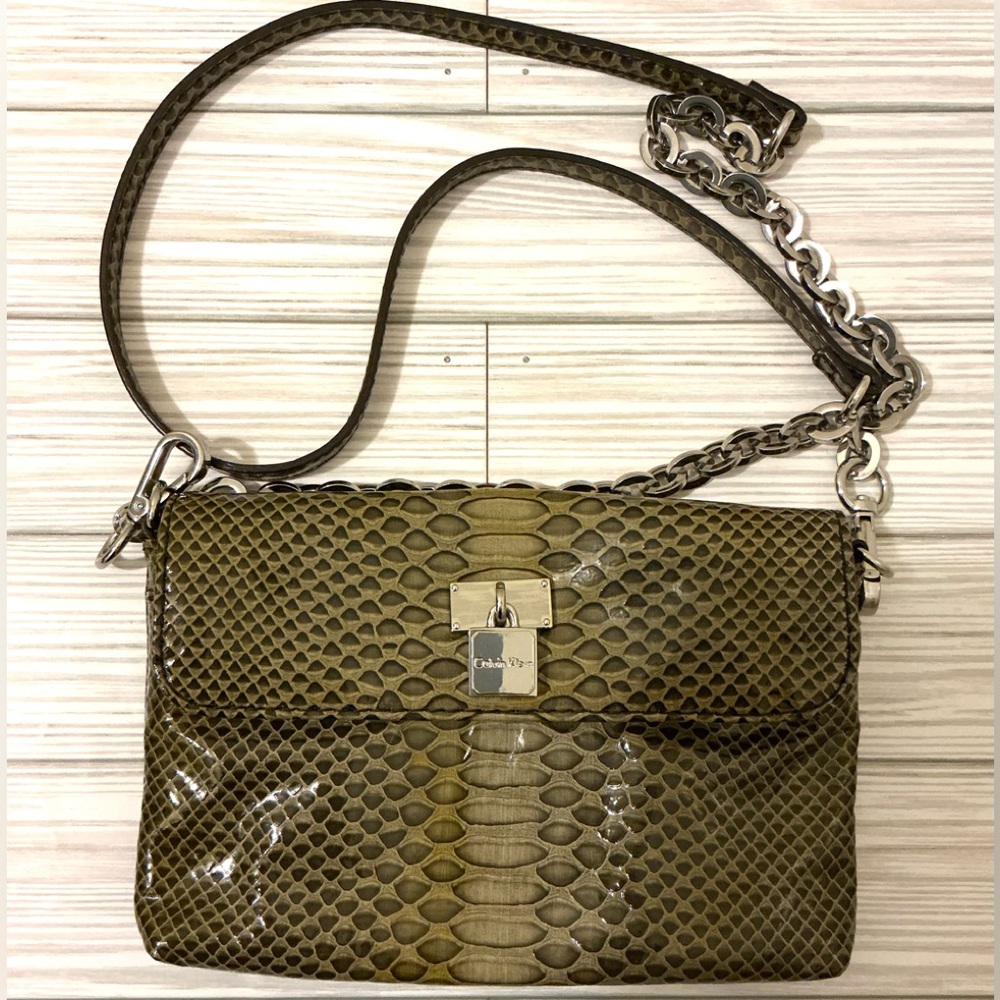 Olive Green Faux Snake Print Bag by Calvin Klein